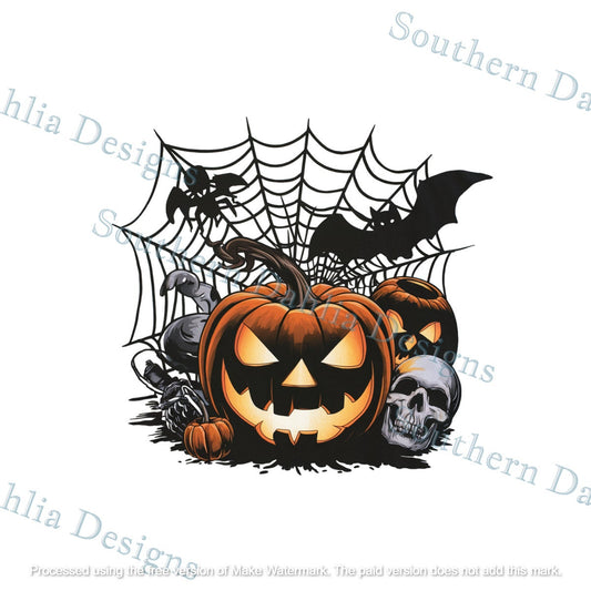 Scary creepy halloween pumkin cobwebs skeleton bats decoration  graphic sublimation dtf dtg design instant digital download png