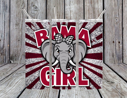 Alabama crimson tide bama girl with elephant and bow glitter effect maroon and silver sublimation design tumbler wrap instant download png