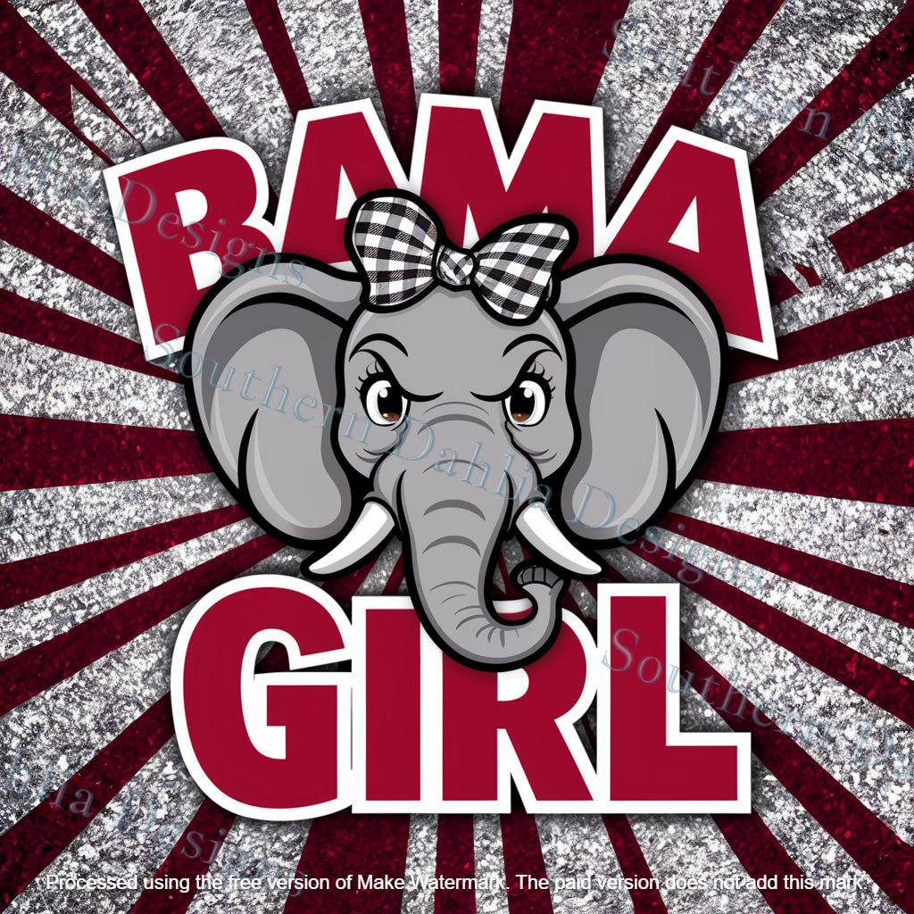 Alabama crimson tide bama girl with elephant and bow glitter effect maroon and silver sublimation design tumbler wrap instant download png