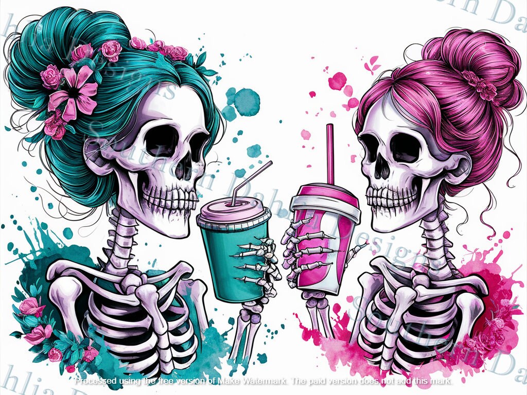 Watercolor messy bun skeleton girls sublimation design dtf dtg png instant digital download cricut cameo shilhouette