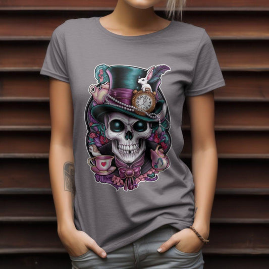 Tophat skull with tea pot bunny halloween mad hatter alice in wonderland sublimation design dtf dtg instant download png