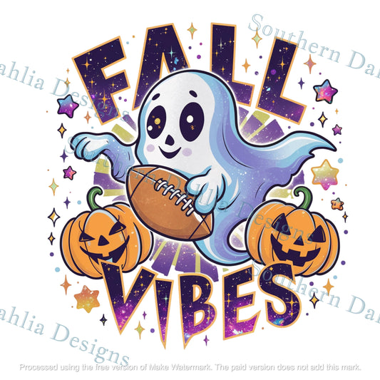 Fall Vibes Cute Ghost with pumpkins and football design for sublimation dtf dtg home decor paper transfer gift item png/svg digital download