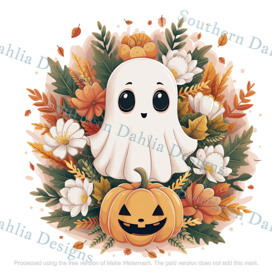 Cute Halloween Ghost for fall with pumpkin and leaves sublimation dtf dtg design instant png/svg download