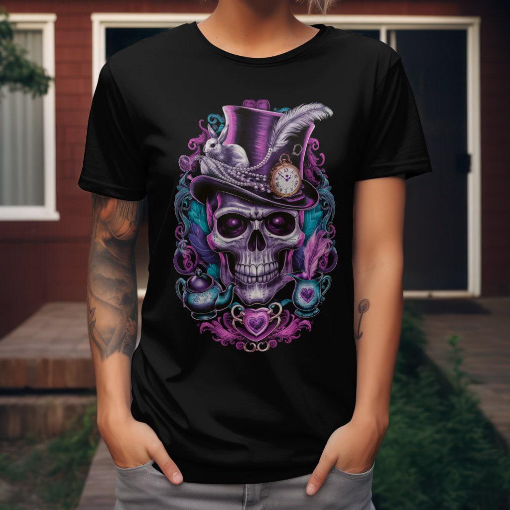 Top hat skull with clock teal alice in wonderland mad hatter halloween sublimation design dtf dtg instant download png