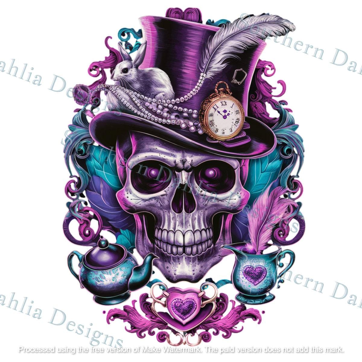 Top hat skull with clock teal alice in wonderland mad hatter halloween sublimation design dtf dtg instant download png