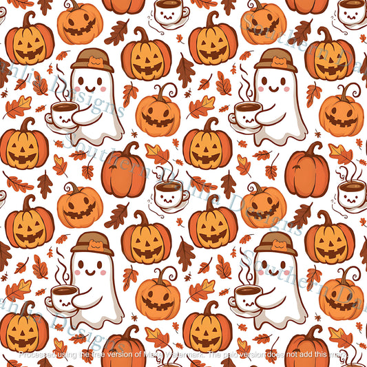 Cute ghost seamless pattern fall halloween leaves coffee pumpkin digital file paper, sublimation, sewing, png svg instant download