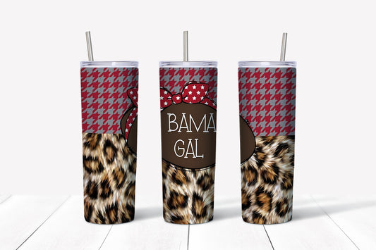 Bama Gal 20 oz sumblimation tumbler houndstooth football leopard fur effect alabama roll tide bama