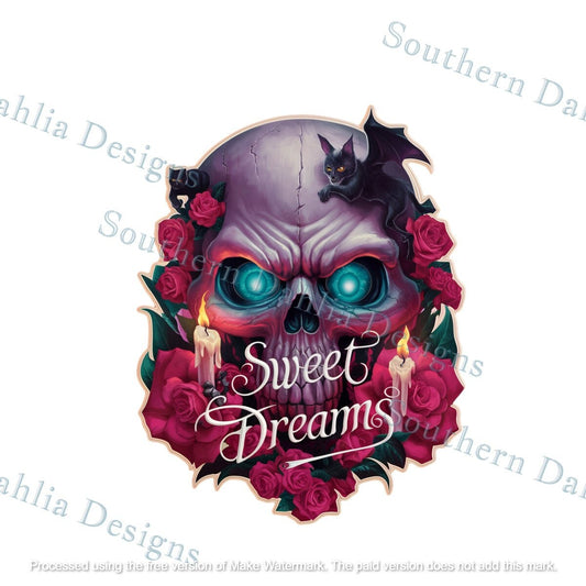 Sweet dreams skull bats flowers halloween scary sublimation design dtf dtg instant download png