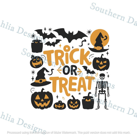 Trick or treat halloween pumpkin cute bats witch skeleton decoration graphic sublimation dtf dtg design instant digital download png