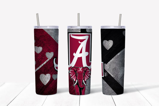 Alabama crimson tide hearts black and maroon football elephant roll tide sublimation design tumbler  20oz