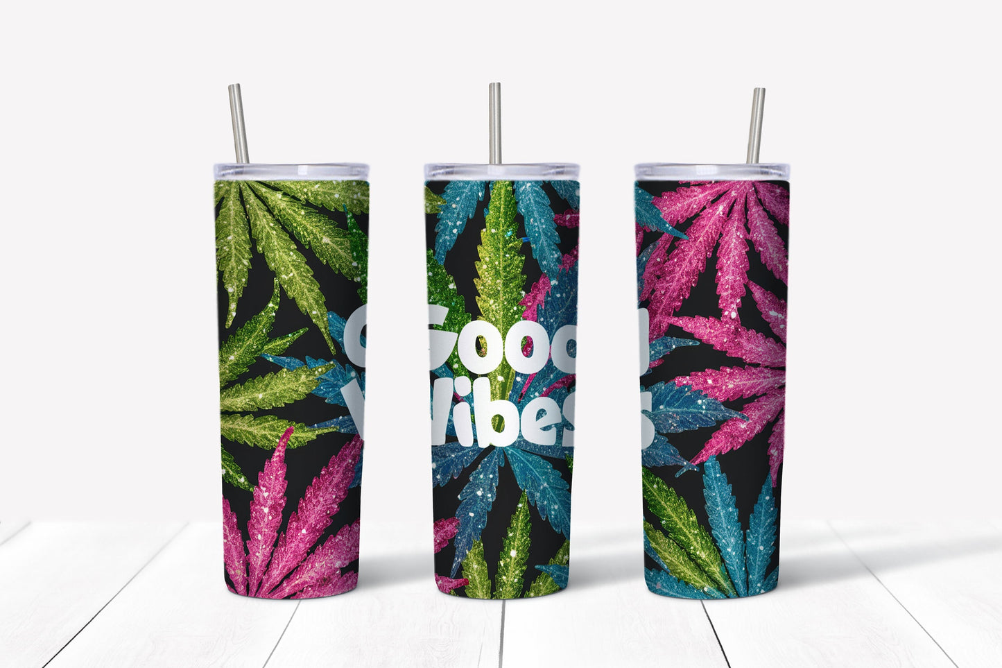 20 ozGood vibes marijuana weed 420 glitter effect weed leaves sublimation design tumbler