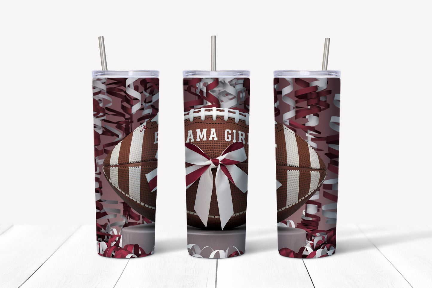 Alabama bama girl football with ribbon and bow crimson tide roll tide sublimation design tumbler 20oz